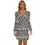 Ethno Seamless Pattern Long Sleeve Waist Tie Ruffle Velvet Dress