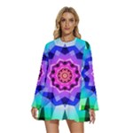 Ornament Kaleidoscope Round Neck Long Sleeve Bohemian Style Chiffon Mini Dress