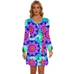 Ornament Kaleidoscope Long Sleeve Waist Tie Ruffle Velvet Dress