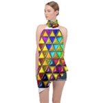 Cube Diced Tile Background Image Halter Asymmetric Satin Top