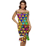 Cube Diced Tile Background Image Off Shoulder Ruffle Split Hem Bodycon Dress