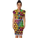 Cube Diced Tile Background Image Vintage Frill Sleeve V-Neck Bodycon Dress