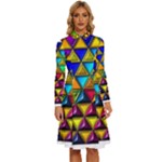 Cube Diced Tile Background Image Long Sleeve Shirt Collar A-Line Dress