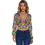 Farbenpracht Kaleidoscope Pattern Long Sleeve Deep-V Velour Top