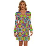 Farbenpracht Kaleidoscope Pattern Long Sleeve Waist Tie Ruffle Velvet Dress