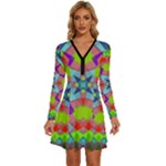 Farbenpracht Kaleidoscope Pattern Long Sleeve Deep V Mini Dress 