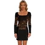 San Fransisco Usa California Water Long Sleeve Square Neck Bodycon Velvet Dress