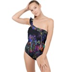 Grunge Paint Splatter Splash Ink Frilly One Shoulder Swimsuit