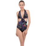 Grunge Paint Splatter Splash Ink Halter Front Plunge Swimsuit