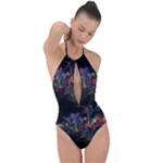 Grunge Paint Splatter Splash Ink Plunge Cut Halter Swimsuit