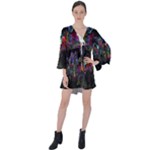 Grunge Paint Splatter Splash Ink V-Neck Flare Sleeve Mini Dress