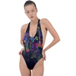 Grunge Paint Splatter Splash Ink Backless Halter One Piece Swimsuit