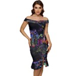 Grunge Paint Splatter Splash Ink Off Shoulder Ruffle Split Hem Bodycon Dress
