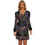 Grunge Paint Splatter Splash Ink Long Sleeve Waist Tie Ruffle Velvet Dress