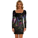 Grunge Paint Splatter Splash Ink Long Sleeve Square Neck Bodycon Velvet Dress