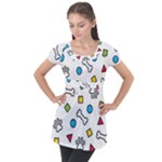Dog Paw Seamless Pattern Footprint Bone Puff Sleeve Tunic Top