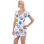 Dog Paw Seamless Pattern Footprint Bone Short Sleeve Asymmetric Mini Dress