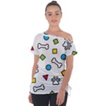 Dog Paw Seamless Pattern Footprint Bone Off Shoulder Tie-Up T-Shirt