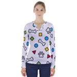Dog Paw Seamless Pattern Footprint Bone V-Neck Long Sleeve Top