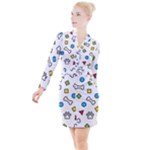 Dog Paw Seamless Pattern Footprint Bone Button Long Sleeve Dress
