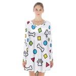 Dog Paw Seamless Pattern Footprint Bone Long Sleeve Velvet V-neck Dress