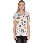 Dog Paw Seamless Pattern Footprint Bone Women s V-Neck Scrub Top