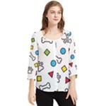 Dog Paw Seamless Pattern Footprint Bone Chiffon Quarter Sleeve Blouse