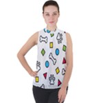 Dog Paw Seamless Pattern Footprint Bone Mock Neck Chiffon Sleeveless Top