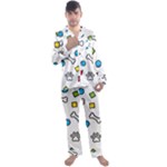 Dog Paw Seamless Pattern Footprint Bone Men s Long Sleeve Satin Pajamas Set