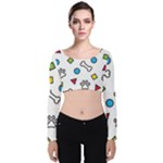 Dog Paw Seamless Pattern Footprint Bone Velvet Long Sleeve Crop Top
