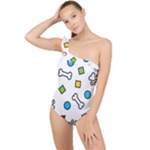 Dog Paw Seamless Pattern Footprint Bone Frilly One Shoulder Swimsuit