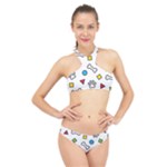 Dog Paw Seamless Pattern Footprint Bone High Neck Bikini Set