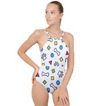 Dog Paw Seamless Pattern Footprint Bone High Neck One Piece Swimsuit