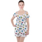 Dog Paw Seamless Pattern Footprint Bone Ruffle Cut Out Chiffon Playsuit