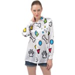 Dog Paw Seamless Pattern Footprint Bone Long Sleeve Satin Shirt