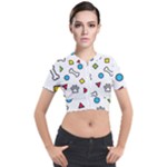 Dog Paw Seamless Pattern Footprint Bone Short Sleeve Cropped Jacket
