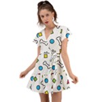 Dog Paw Seamless Pattern Footprint Bone Flutter Sleeve Wrap Dress