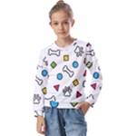 Dog Paw Seamless Pattern Footprint Bone Kids  Long Sleeve T-Shirt with Frill 