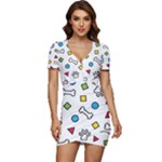 Dog Paw Seamless Pattern Footprint Bone Low Cut Cap Sleeve Mini Dress