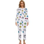 Dog Paw Seamless Pattern Footprint Bone Womens  Long Sleeve Lightweight Pajamas Set