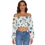 Dog Paw Seamless Pattern Footprint Bone Long Sleeve Crinkled Weave Crop Top