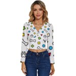 Dog Paw Seamless Pattern Footprint Bone Long Sleeve V-Neck Top