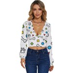 Dog Paw Seamless Pattern Footprint Bone Long Sleeve Deep-V Velour Top
