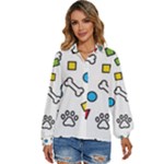 Dog Paw Seamless Pattern Footprint Bone Women s Long Sleeve Button Up Shirt