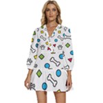 Dog Paw Seamless Pattern Footprint Bone V-Neck Placket Mini Dress