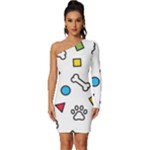 Dog Paw Seamless Pattern Footprint Bone Long Sleeve One Shoulder Mini Dress
