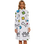 Dog Paw Seamless Pattern Footprint Bone Long Sleeve Shirt Collar A-Line Dress