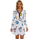 Dog Paw Seamless Pattern Footprint Bone Long Sleeve Deep V Mini Dress 