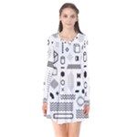 Pattern Hipster Abstract Form Geometric Line Variety Shapes Polkadots Fashion Style Seamless Long Sleeve V-neck Flare Dress