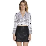Pattern Hipster Abstract Form Geometric Line Variety Shapes Polkadots Fashion Style Seamless Long Sleeve Tie Back Satin Wrap Top